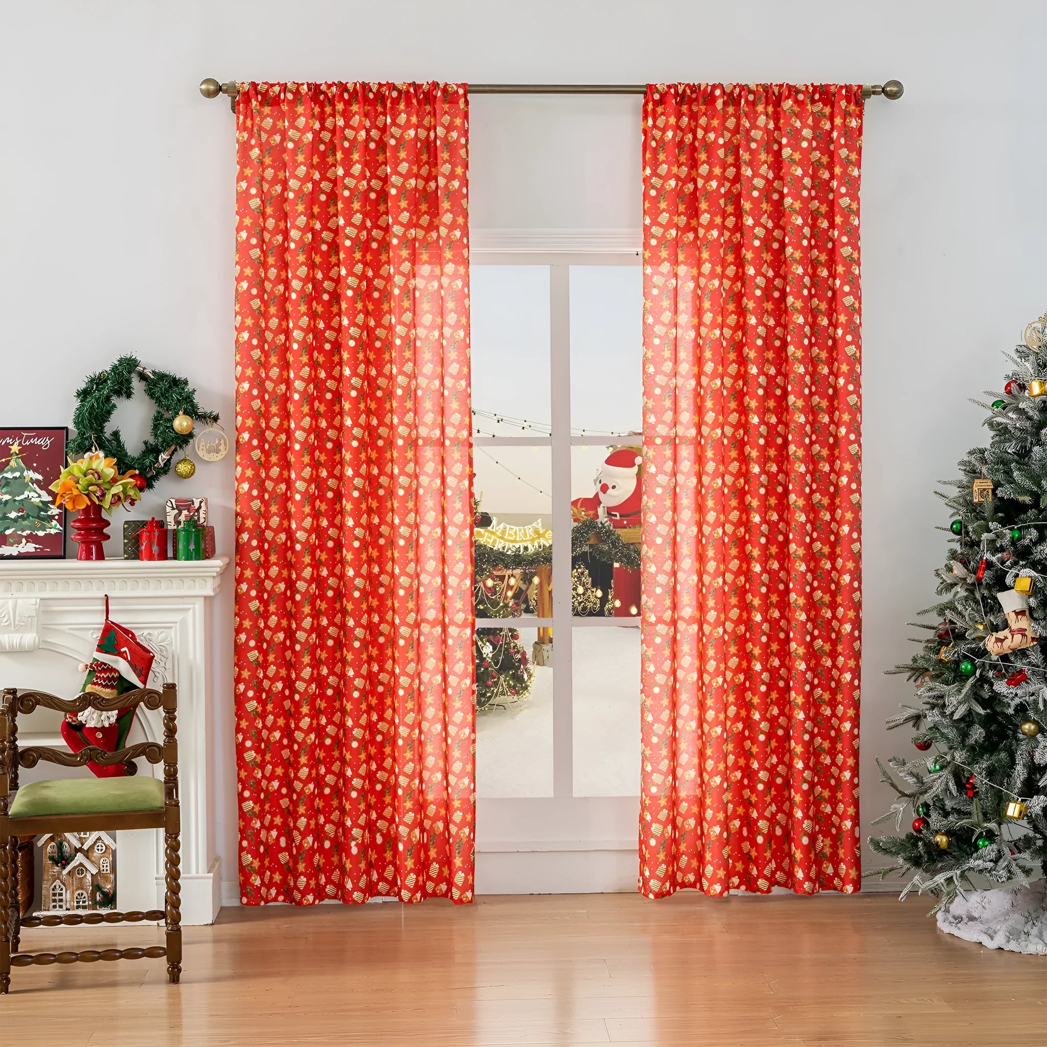 Christmas curtain with cartoon snowman and angel print in red or green, 1 metre length