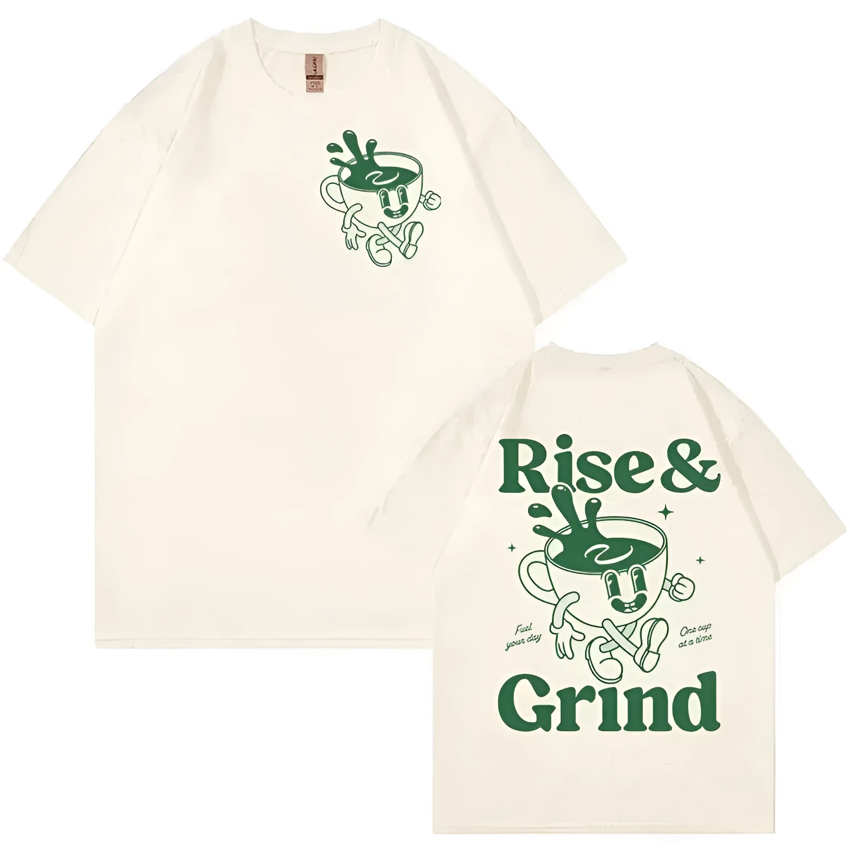 Rise And Grind Green Coffee cartoon graphic printed on a loose fit linen blend t-shirt.