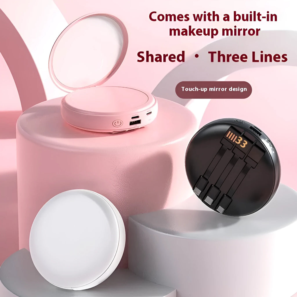 Small portable power bank with USB charging and built-in data cable in white plastic shell