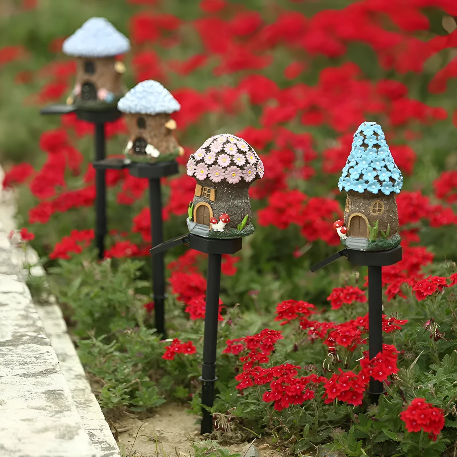 Outdoor flower-shaped solar LED light for garden and park decoration.