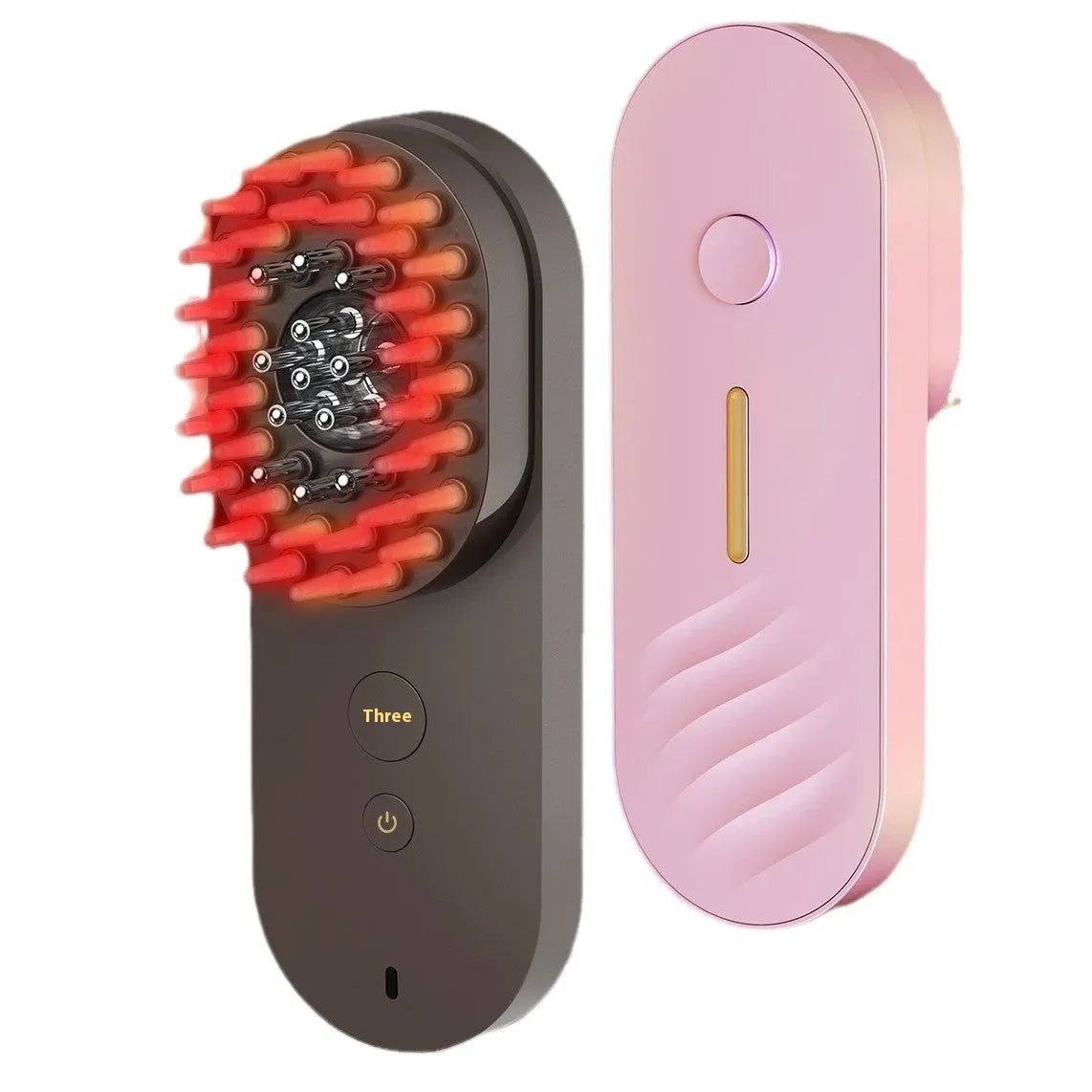Pink and black smart massage comb with red light therapy for hair care