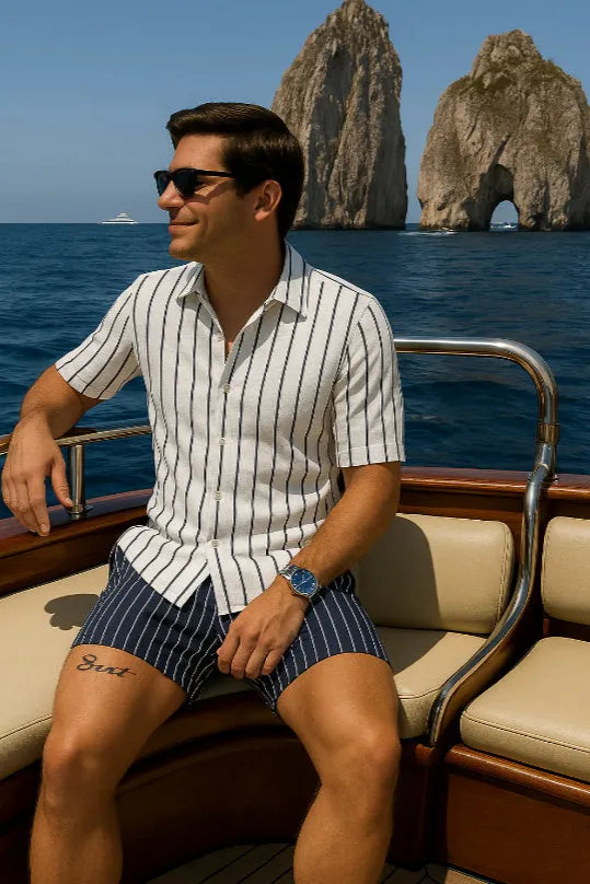 Men's light casual beach shirt and elastic shorts set in four-sided elastic fabric.