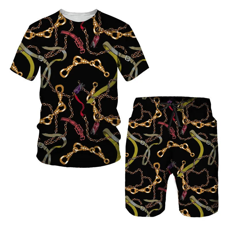 Chain pattern digital print short sleeve t-shirt and matching shorts set for summer.