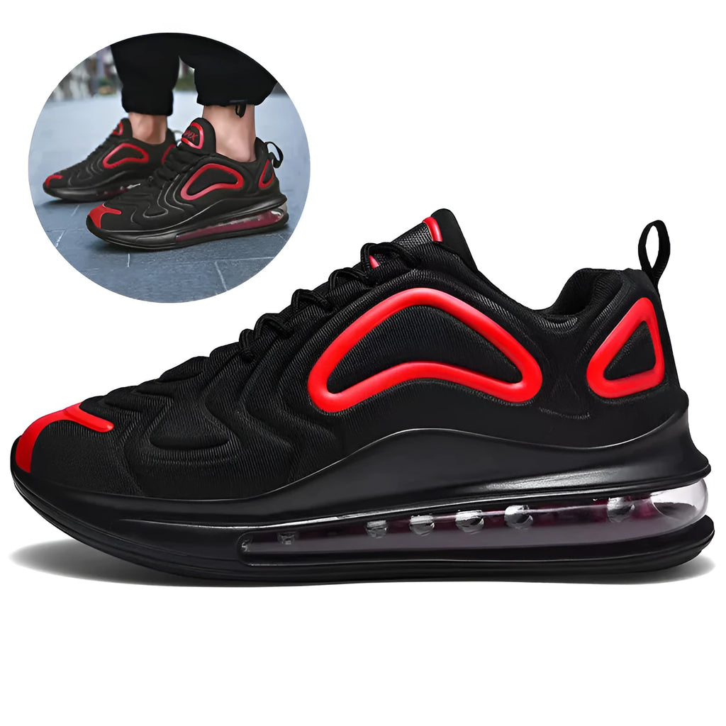 Men's black casual sneakers with lace-up front and air cushion design for running and outdoor activities