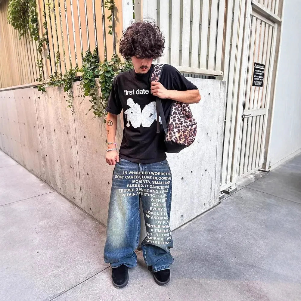 Men's black and blue loose wide-leg straight trousers with elastic waistband