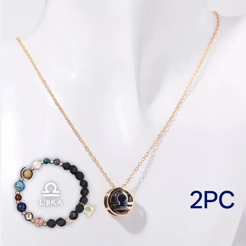 Natural stone beaded necklace and matching bracelet set laid flat, showing one of twelve available style variations.