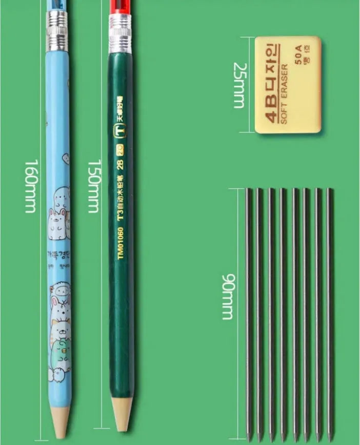 Children's mechanical pencil sets with cartoon designs and 2B replaceable leads
