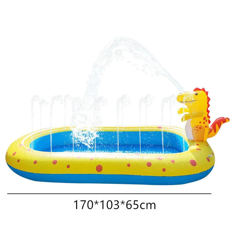 Blue dinosaur-shaped inflatable pool with spray jets for children's water play