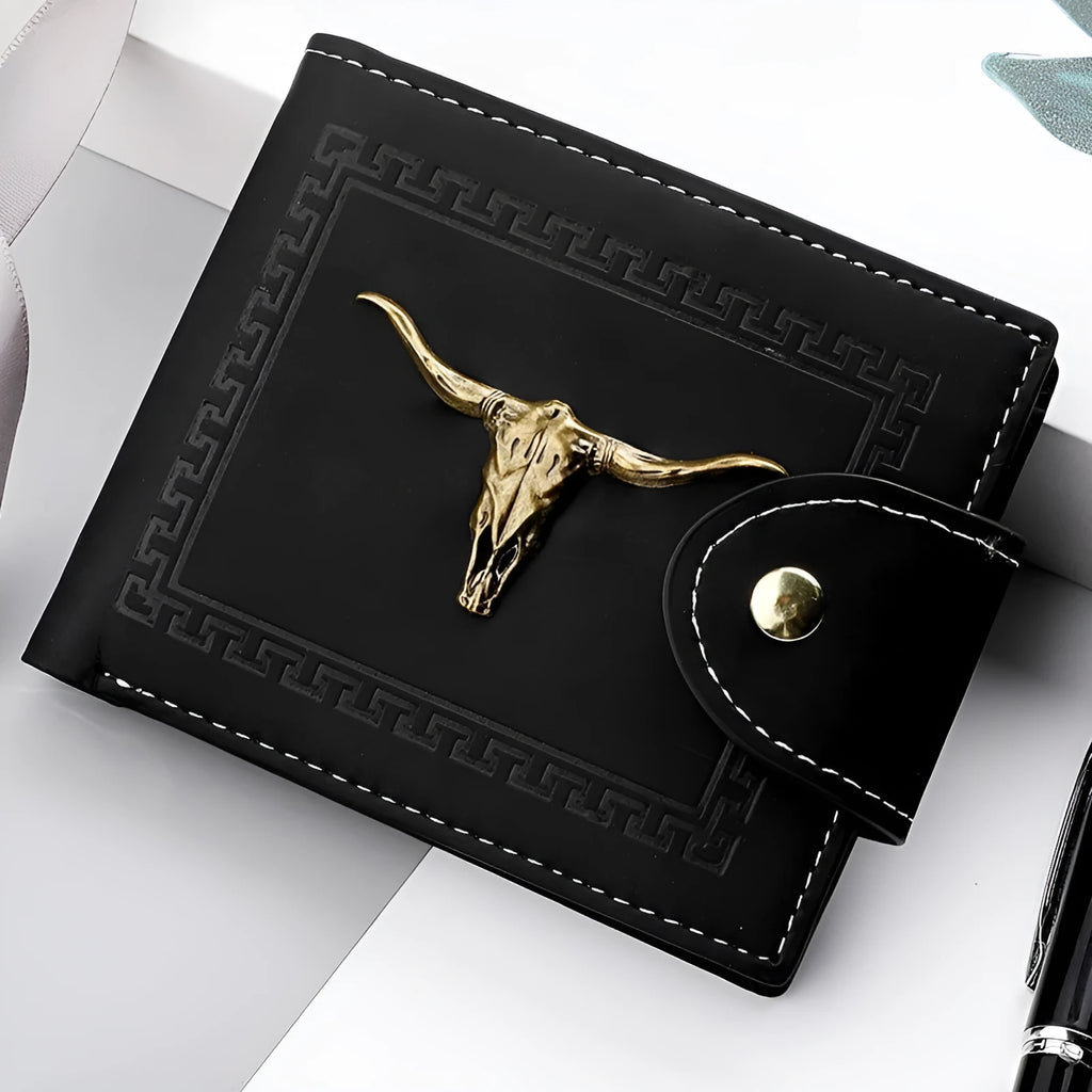 Black animal print men's wallet with a silver zip and multiple card slots.