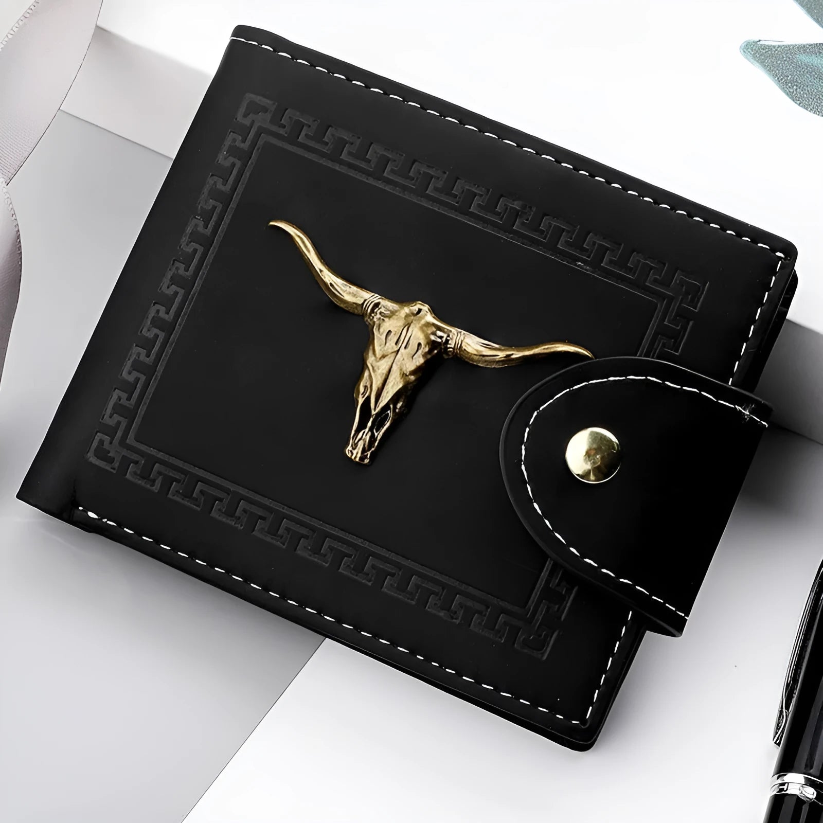 Black animal print men's wallet with a silver zip and multiple card slots.