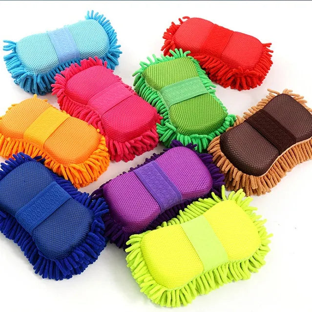 Silver green car wash sponge measuring 14x25cm with spiral chenille construction for vehicle cleaning