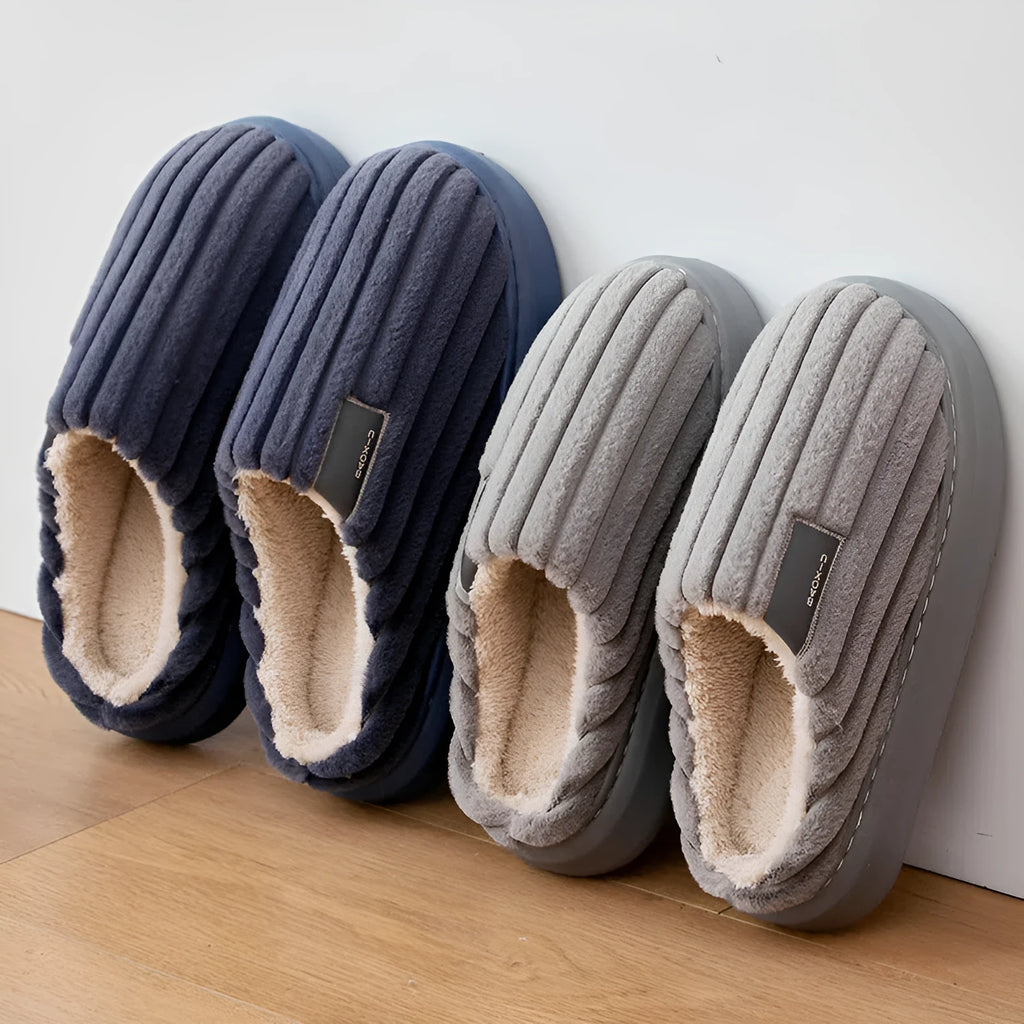 Warm plus-size men's slippers with plush upper, striped pattern, coffee brown colour