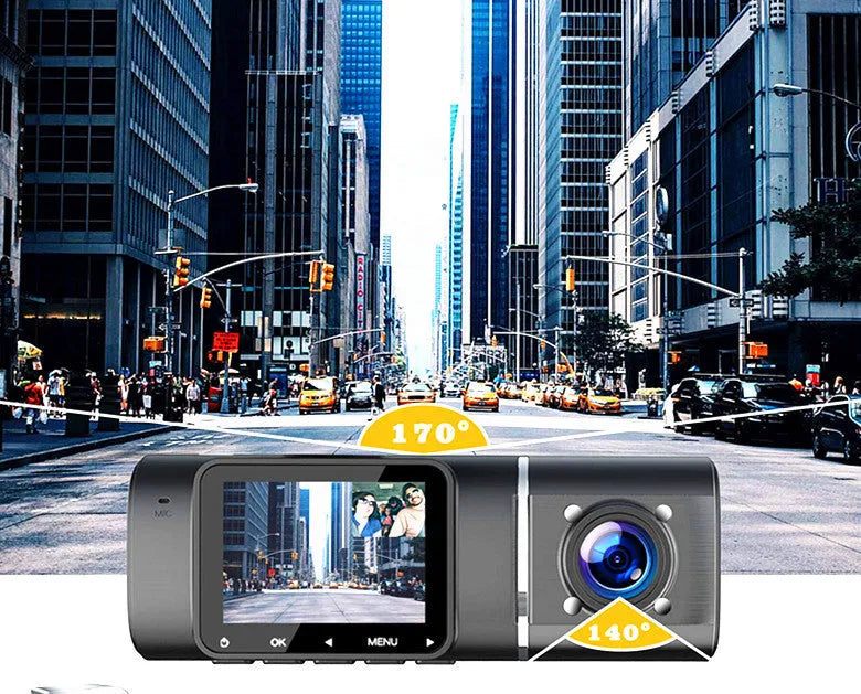 Black dual-channel car dash cam with 1.5-inch screen, front and rear cameras, mounted on a windscreen.