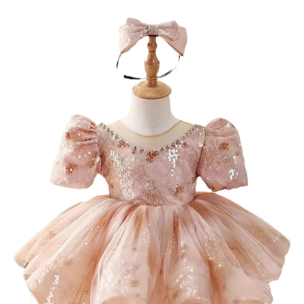 Girls princess dress in pink made from polyester fiber, for heights 80cm to 150cm, suitable for birthday and piano performances