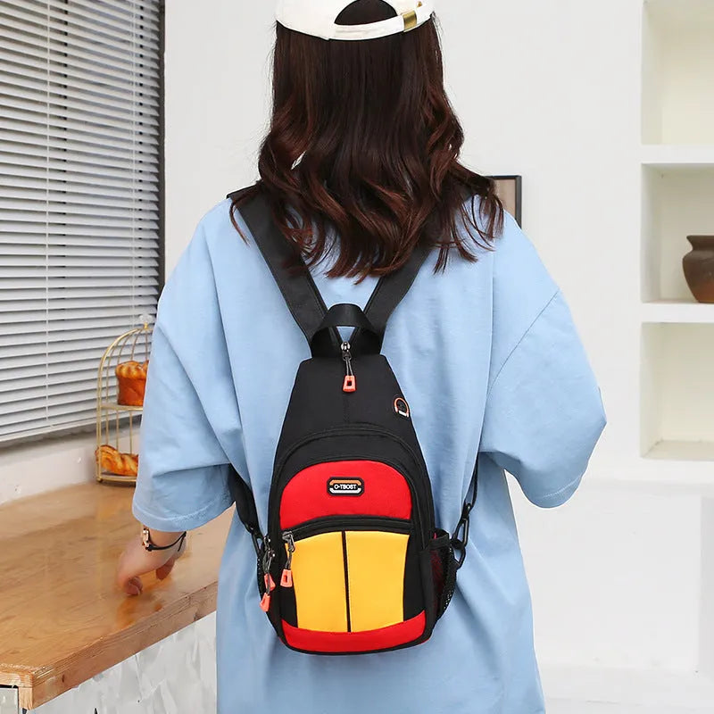 Women's multifunctional Oxford cloth backpack with USB design, medium size, vertical square shape, colour block finish