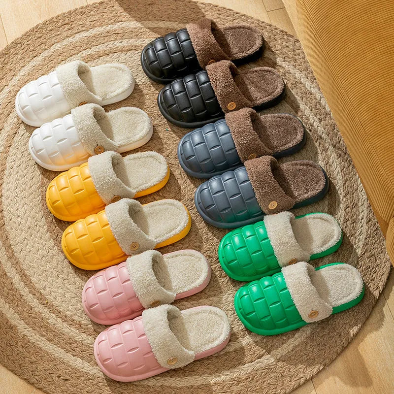 Women's pink detachable plush EVA winter house slippers with non-slip sole shown from the side.
