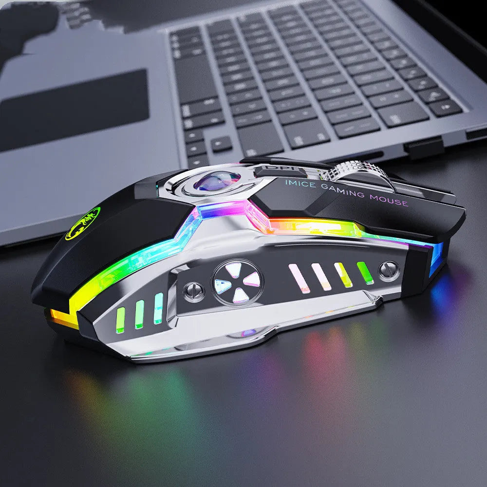 Seven-button wireless gaming mouse with horse racing design, RGB lighting, and silent charging in black and grey colour options.