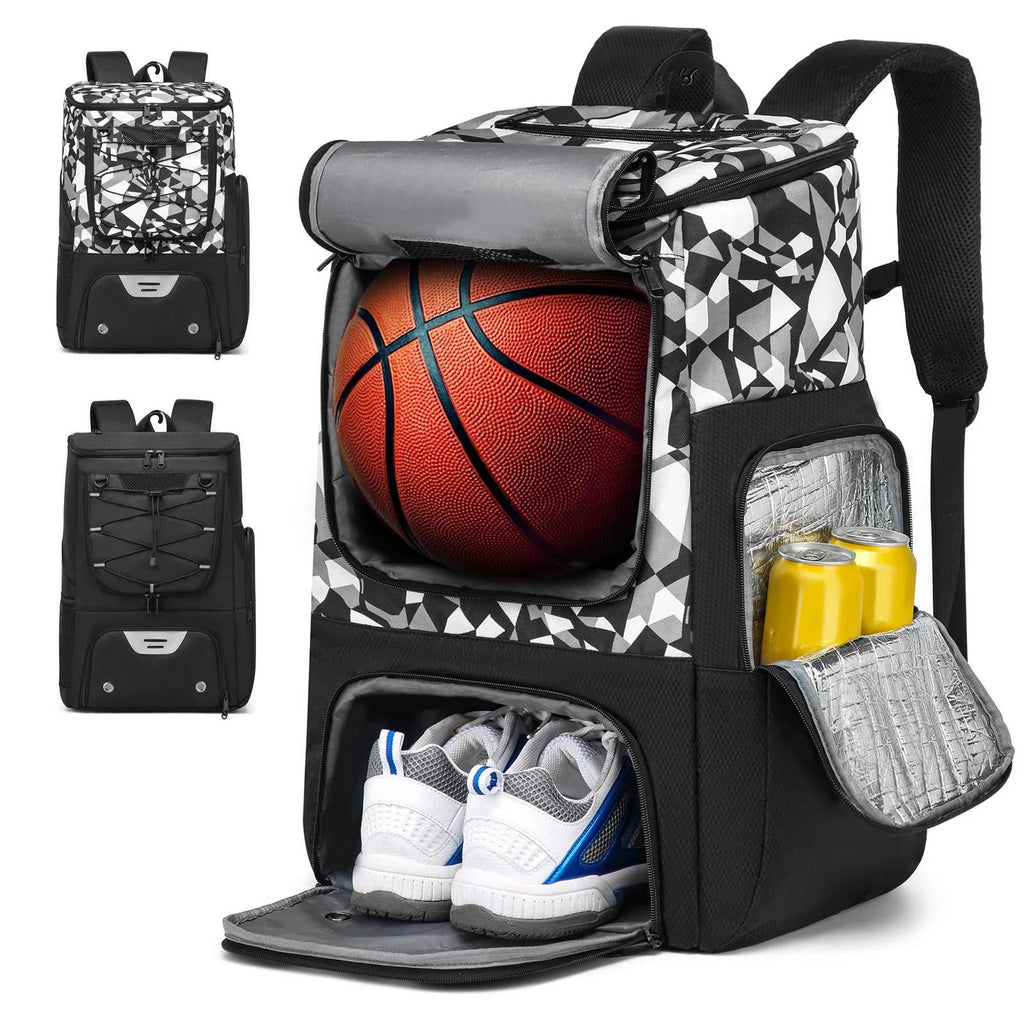 Black basketball training backpack with large 51cm capacity for sports equipment