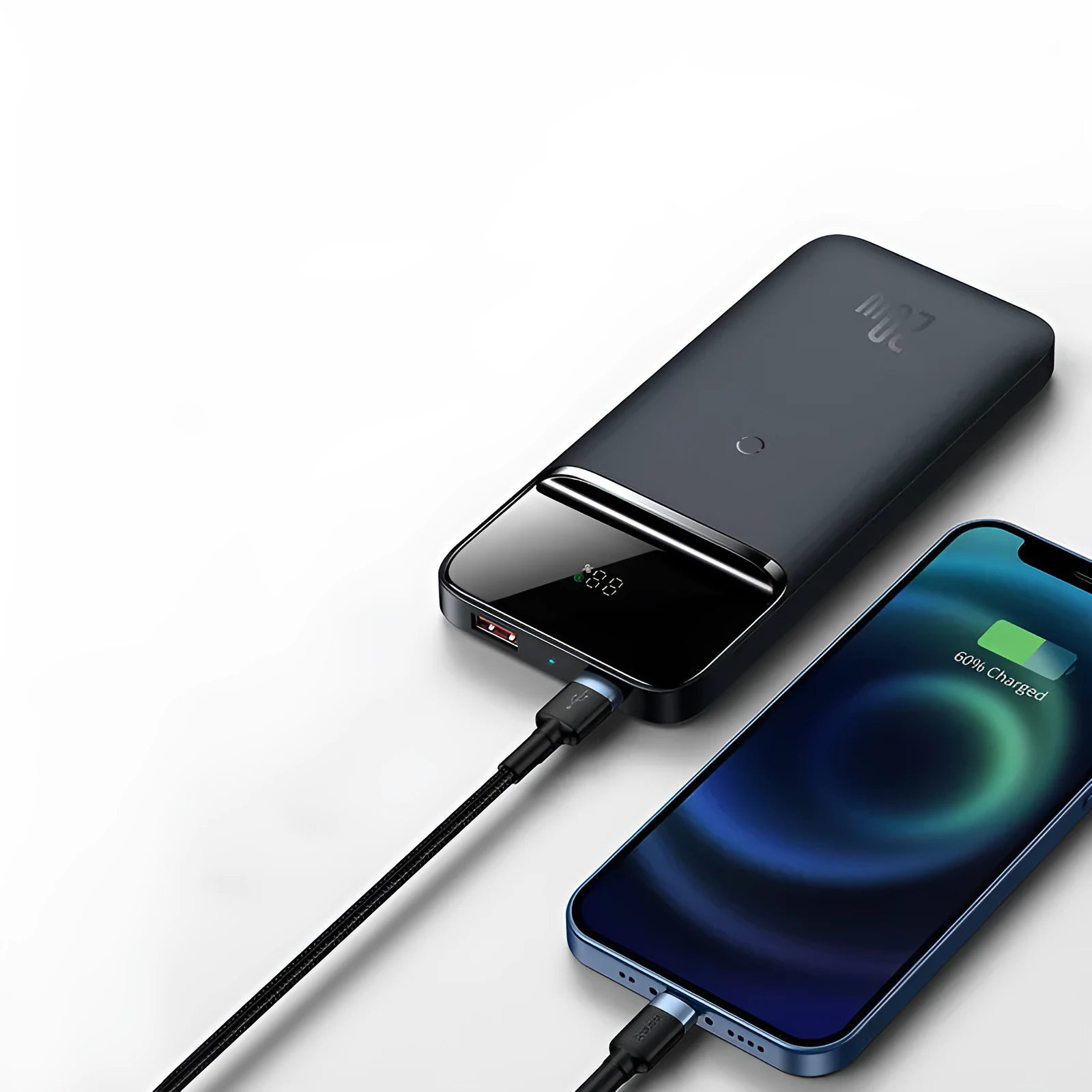 Blue MagSafe magnetic wireless power bank with LCD display showing battery percentage