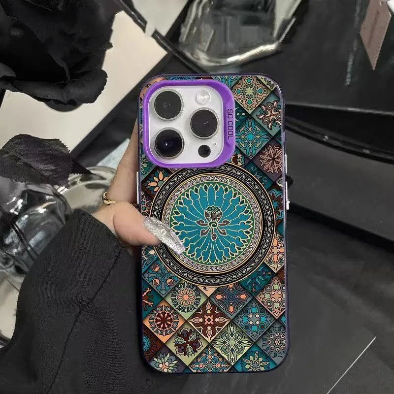 Ethnic pattern hard PC phone case for iPhone with matte anti-slip finish in silver colour