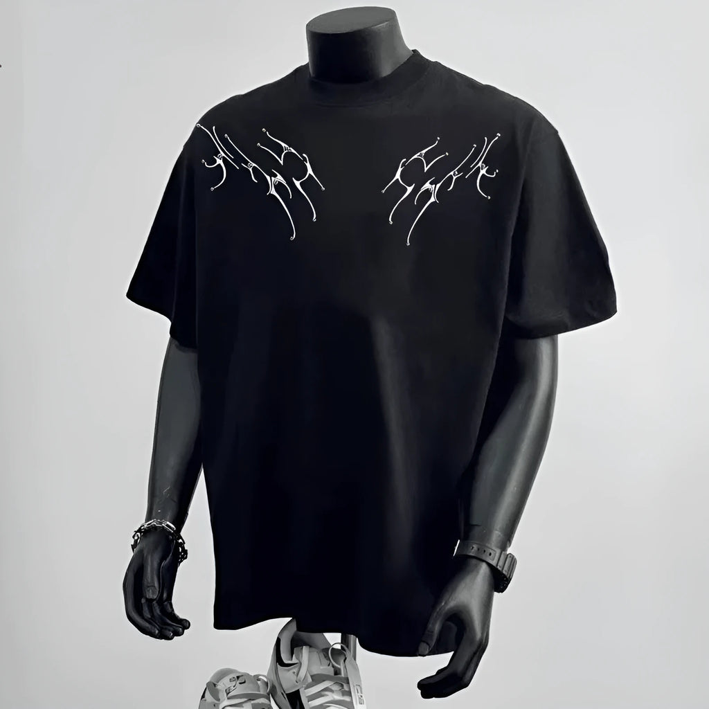 Men's loose fit pure cotton short sleeve shirt in black, showing printed design.