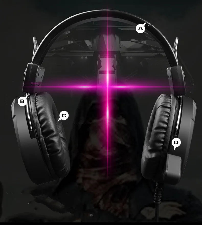 Black wired gaming headset for PC with large ear cups and a straight plug, shown with a 2.2m cable.