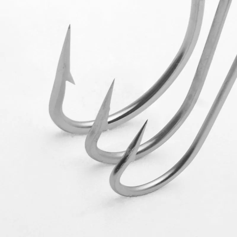 Pack of stainless steel sea fishing hooks in multiple sizes for ocean boat fishing.