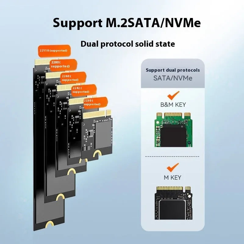 Black external NVME solid-state drive enclosure with USB Type-C port