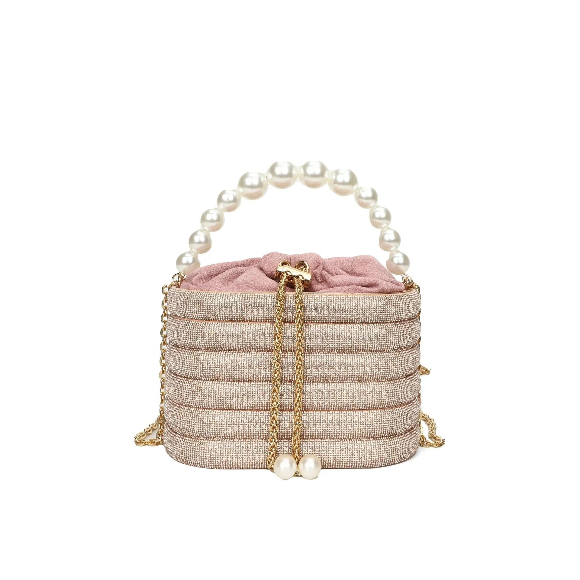Women's round retro crossbody bag with pearl beading in soft PU material, shown in multiple colours.