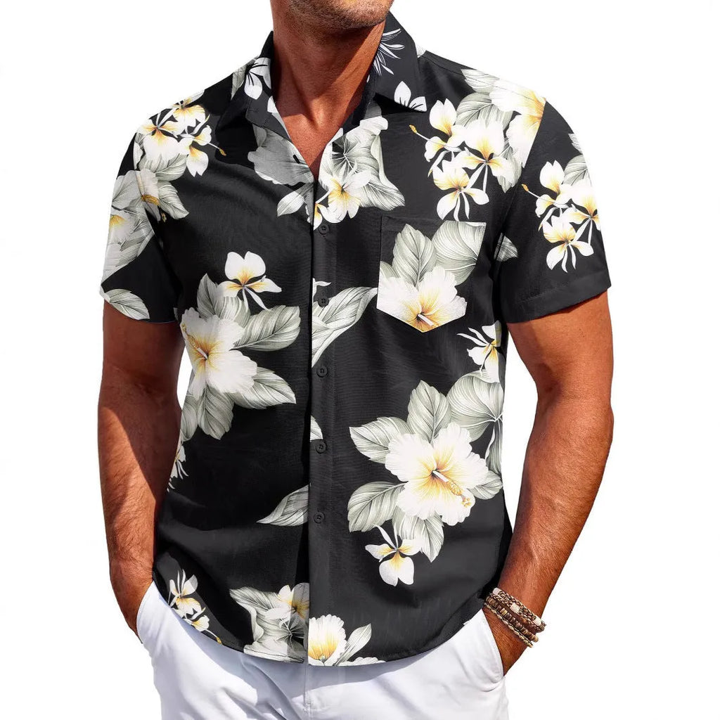 Men's slim fit short sleeve Hawaiian shirt in a cardigan style on a hanger.
