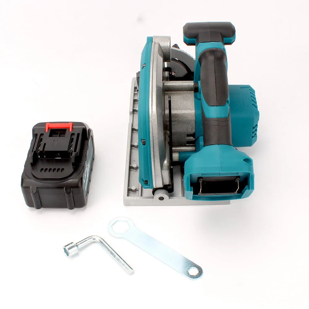 Lithium battery 7-inch electric circular saw with two batteries and charger on wooden workbench