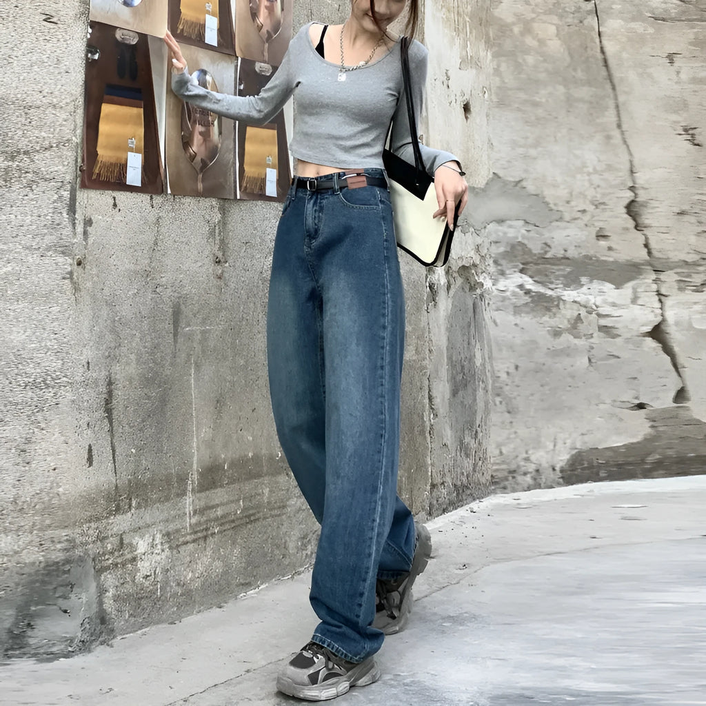 Women's high-waist straight-leg jeans in retro blue denim, shown in cropped, standard, and long lengths.