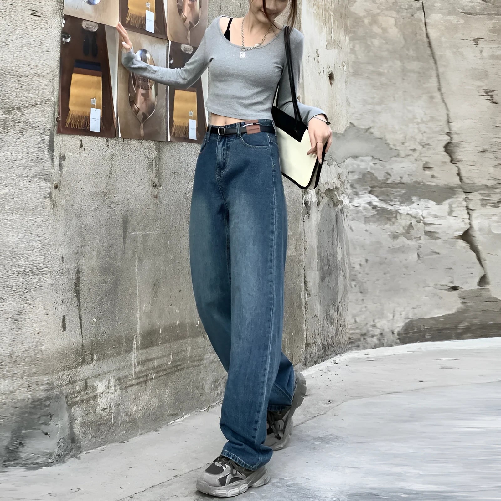 Women's high-waist straight-leg jeans in retro blue denim, shown in cropped, standard, and long lengths.