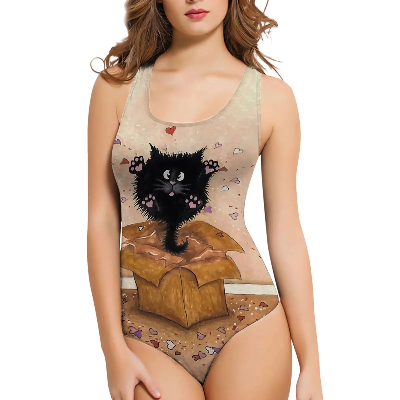 Women's 3D printed patterned one-piece swimsuit in a sleeveless design.