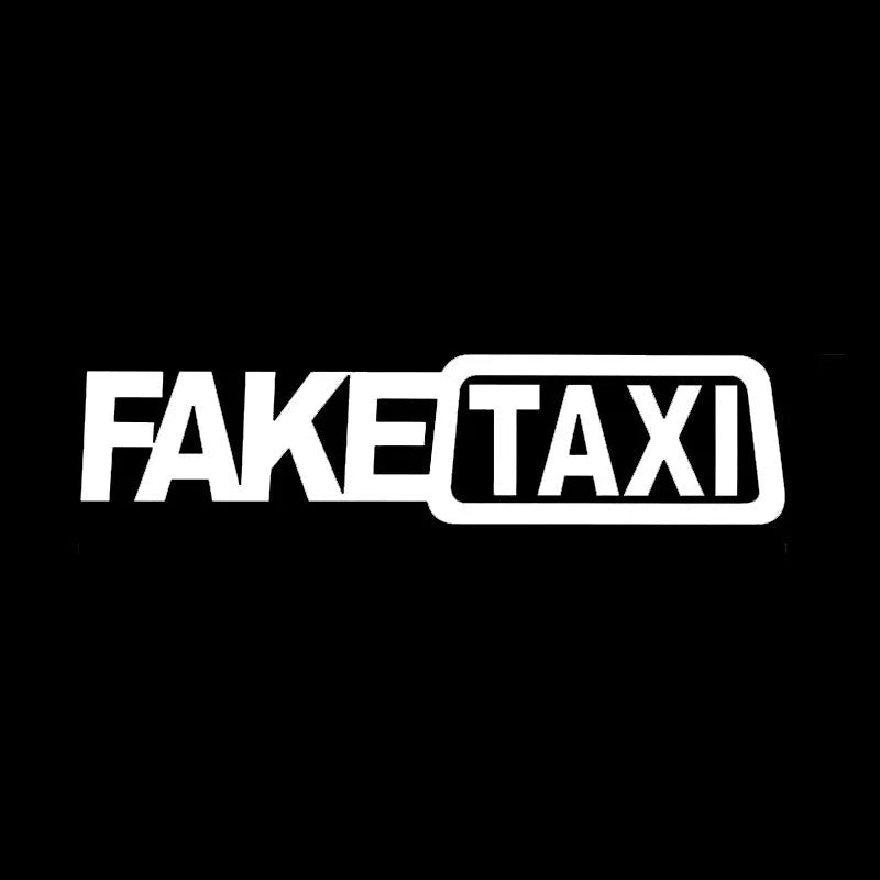 FAKE TAXI text car window sticker in yellow, 20cm by 8cm, made from waterproof PET material.