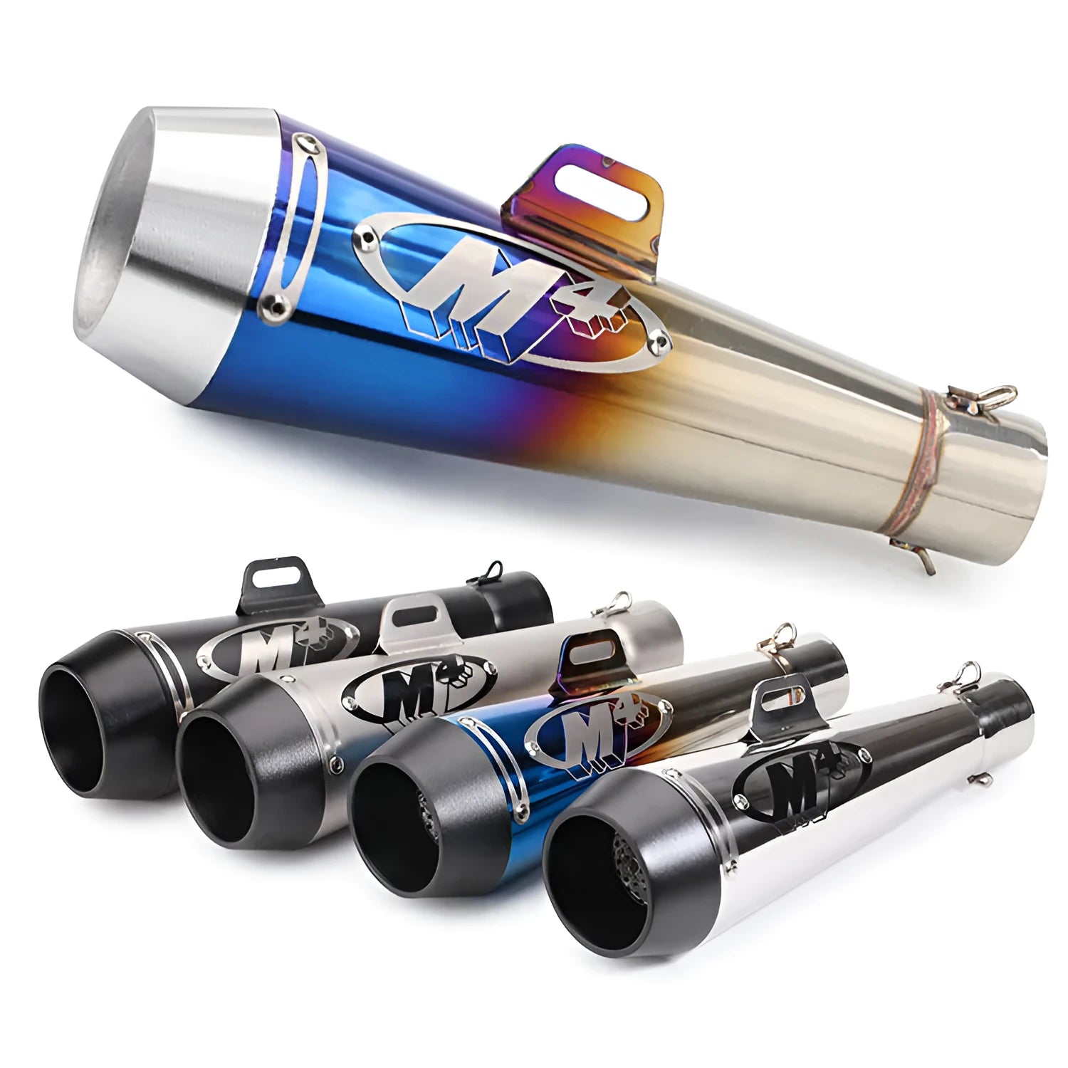 M4 universal motorcycle exhaust pipe in black, titanium, and blue finishes for large displacement bikes