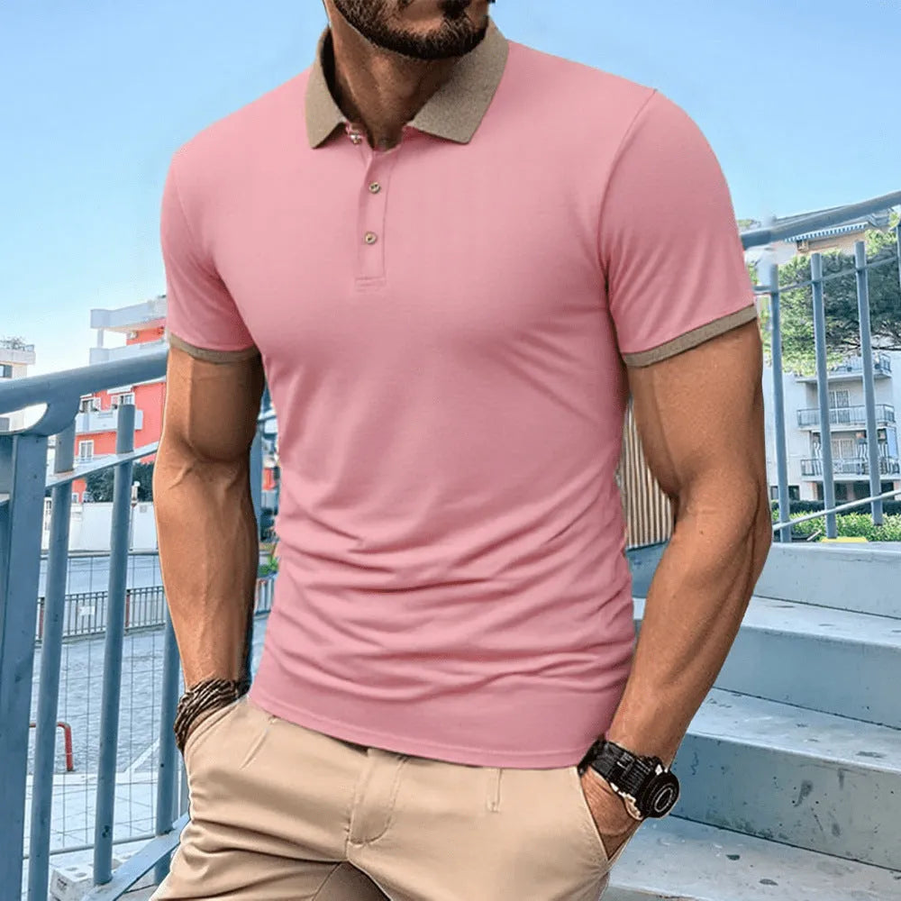 Summer polo shirt in ice silk polyester with short sleeves and flocking detail