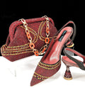 Women's pointed toe high heel shoes with matching bag, rhinestone decoration on synthetic leather