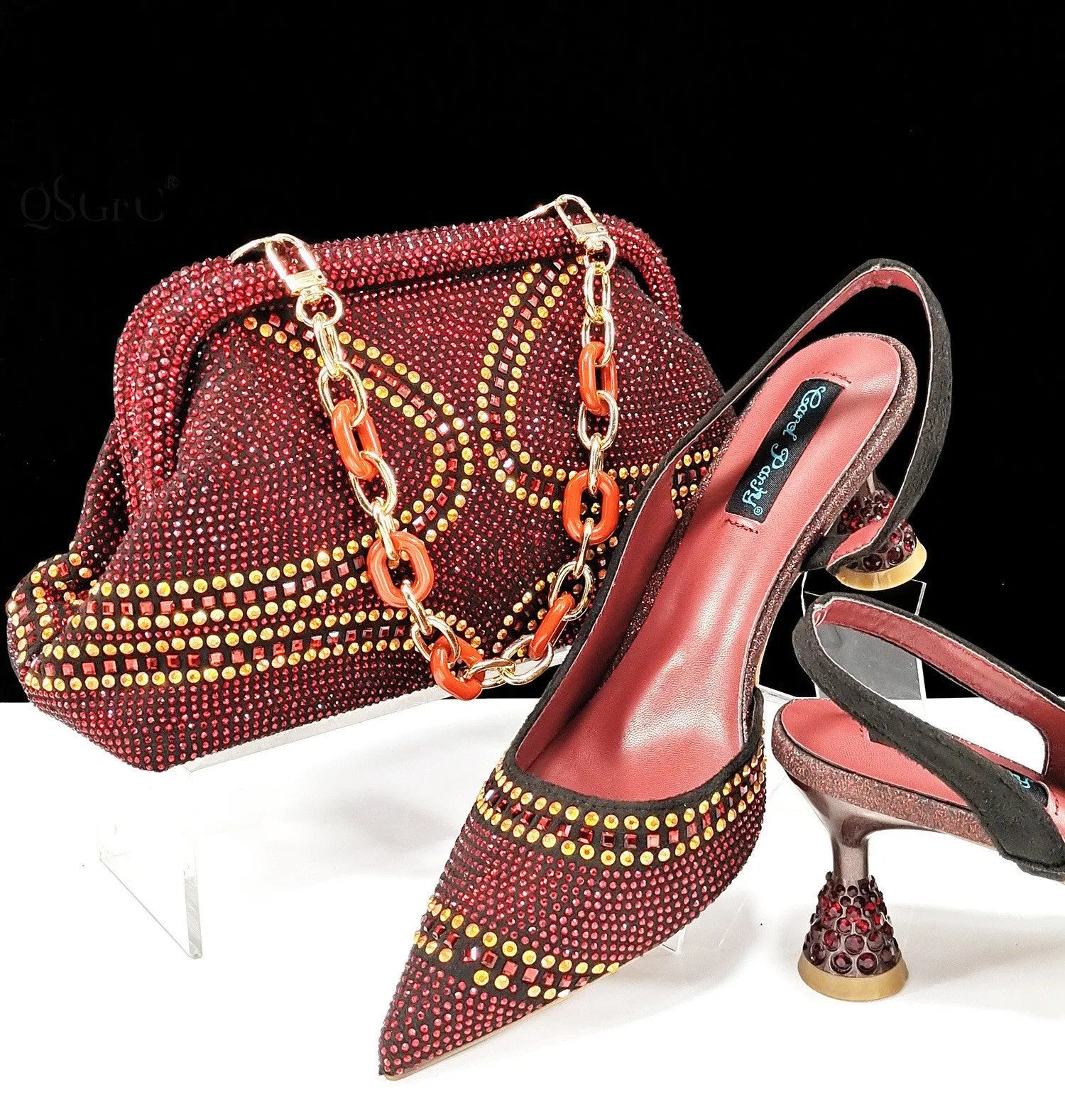 Women's pointed toe high heel shoes with matching bag, rhinestone decoration on synthetic leather