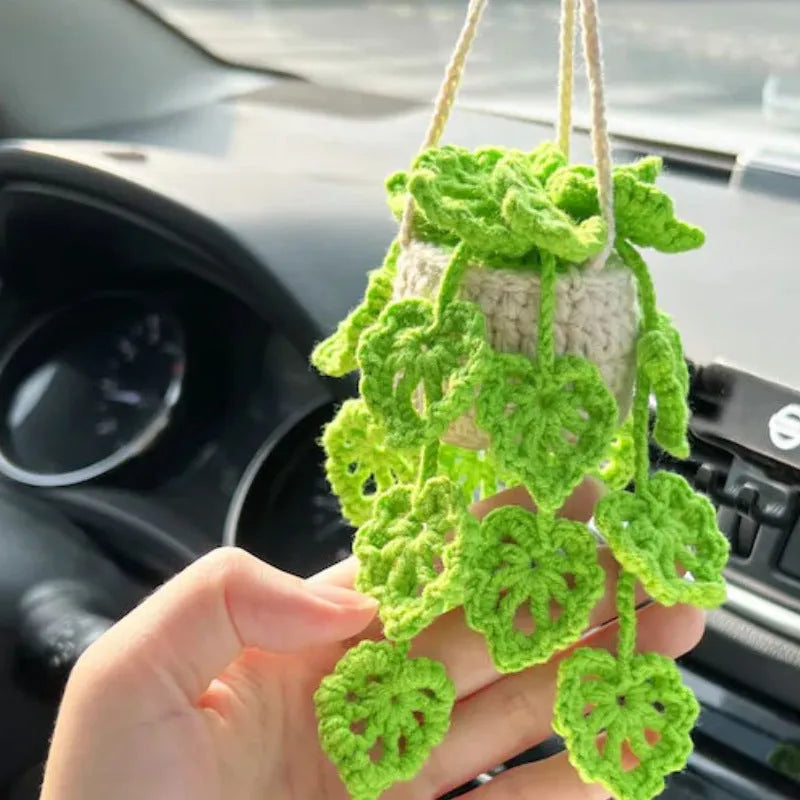 Green and white knitted wool car plant ornament hanging from a rope