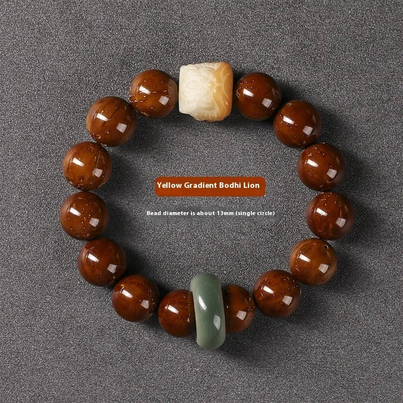 Hand-woven bracelet with 13mm round beads showing lion design in ivory nut, bodhi or sandalwood style