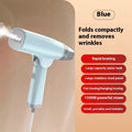 Blue and white handheld garment steamer with 1300W power and mechanical controls