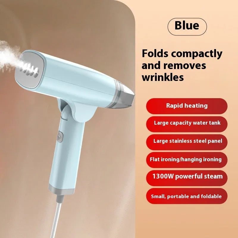 Blue and white handheld garment steamer with 1300W power and mechanical controls