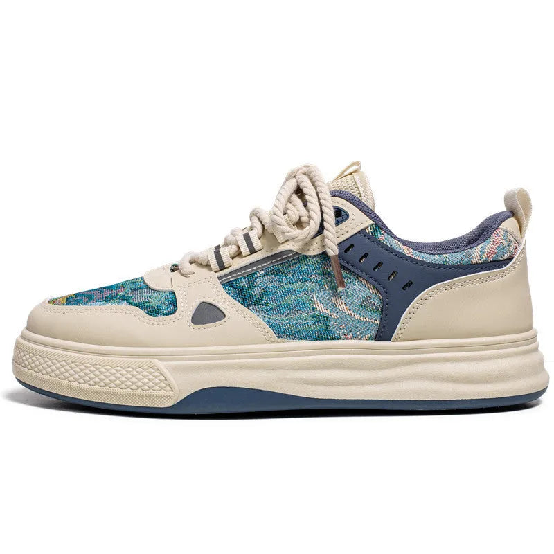 Casual flat-heel canvas shoes in beige and Milan green colours, showing round toe design.