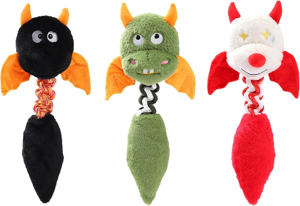 Plush cartoon dog toy with a squeaker and integrated rope knot on a green background.