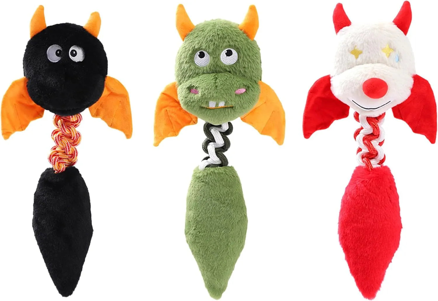 Plush cartoon dog toy with a squeaker and integrated rope knot on a green background.