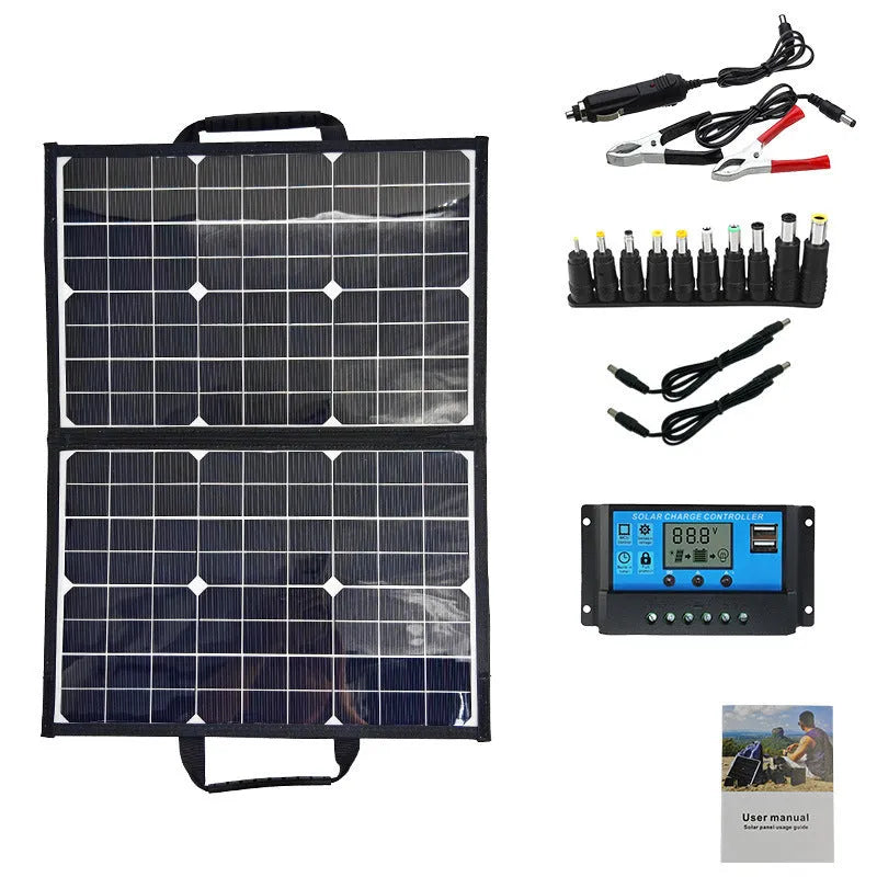 Black folding solar panel bag showing compact 425mm by 285mm size and unfolded solar cells.