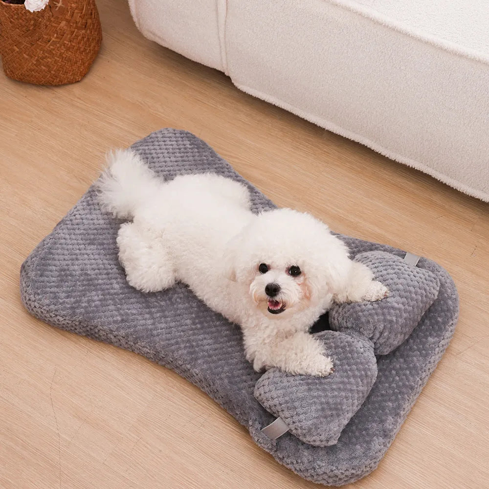 Soft plush pet bed mat with attached pillow in gray, available in large size 75x50x7cm for dogs and cats