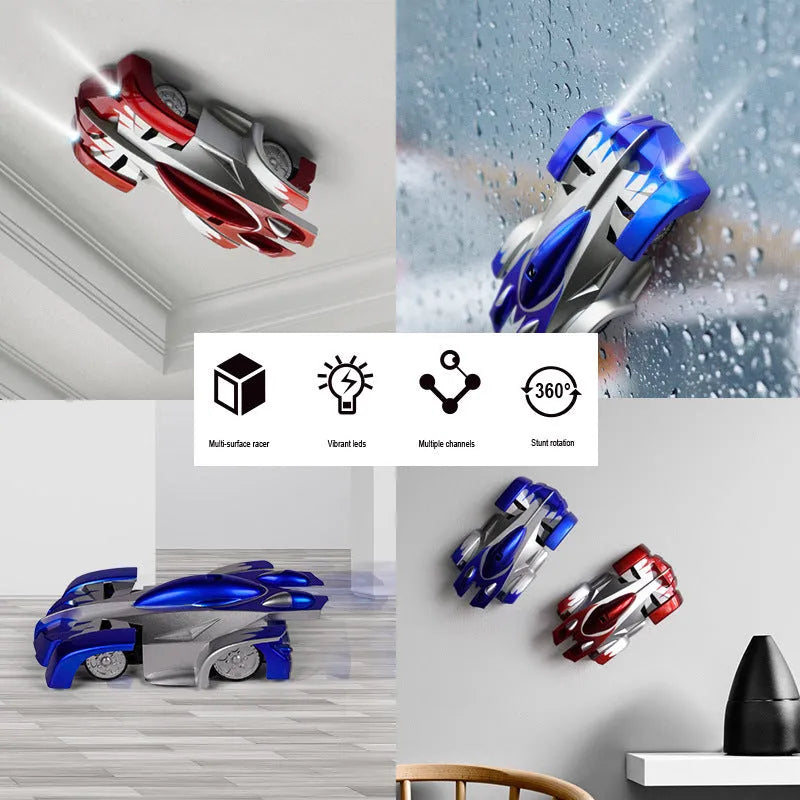 Wall climbing remote control car toy with LED lights on vertical surface