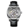 Mens hollow out business watch with white leather strap and round dial